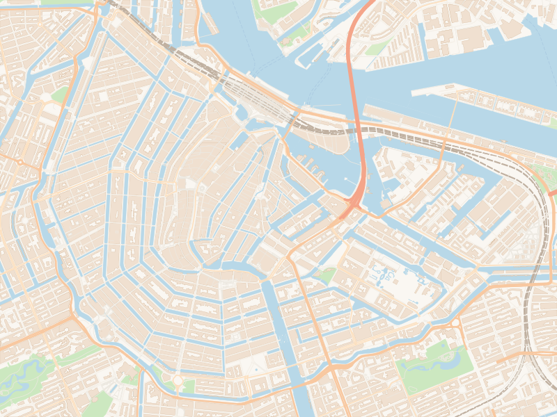 A layered SVG map of Amsterdam's city centre generated in MapVectorizer, showing colour-styled roads, canals, and building footprints ready for Illustrator
