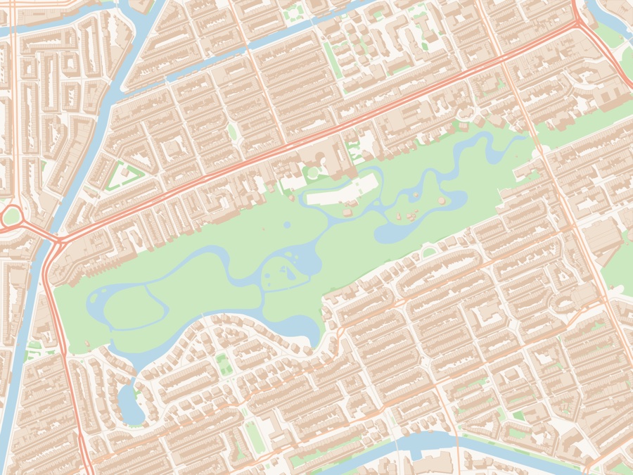 Vector map of the Vondelpark in Amsterdam in the Pastel style, with individual building footprints around the park
