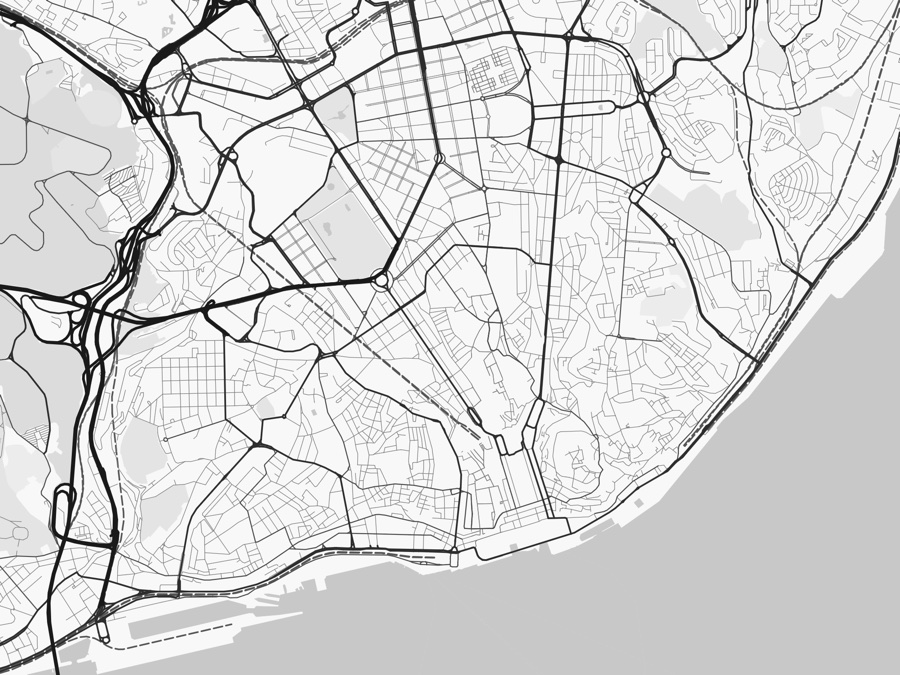 Vector map of the city of Lisbon in the Monochrome style, showing the full street network and the coastline